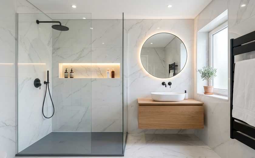 Remodelação de Cozinhas e Casas de Banho Brico Bom — Remodelação moderna de casa de banho com base de duche antiderrapante e revestimento cerâmico em Leiria