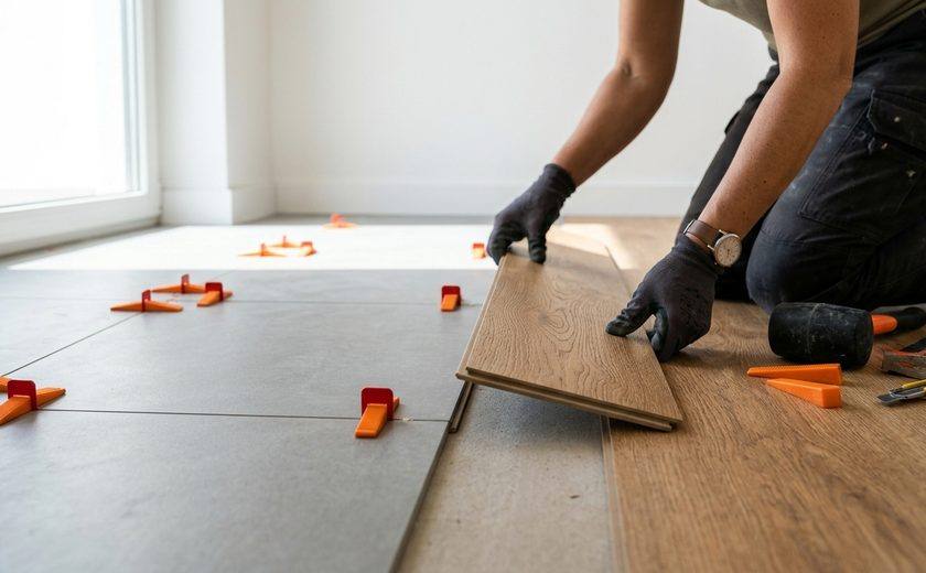 Brico Bom — Assentamento de pavimento flutuante vinílico SPC impermeável, grés porcelânico e rodapés lacados em Leiria